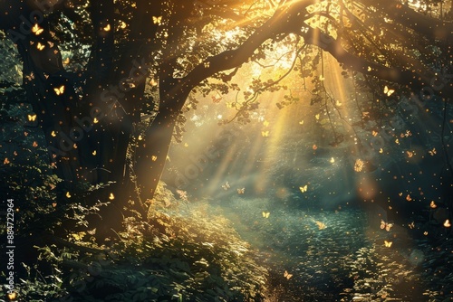 The mystical and enchanting atmosphere of sunlight through the majestic and lush woodland forest