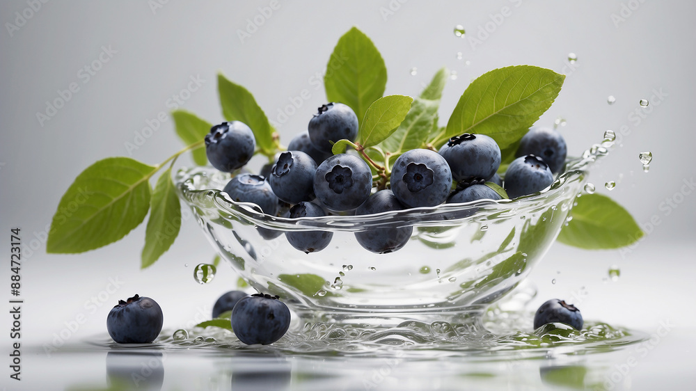 Floating Freshness Set against a minimalist white background, blueberries and green leaves are shown swirling in a graceful Floating Freshness Set against a minimalist white background, blueberries and green leaves are shown swirling in a graceful