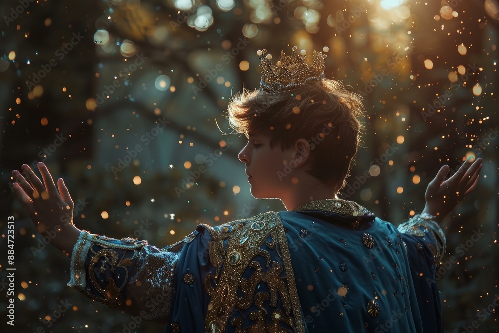 Mystical portrait of a young king with a crown, in a glowing, sparkling forest at dusk Mystical portrait of a young king with a crown, in a glowing, sparkling forest at dusk