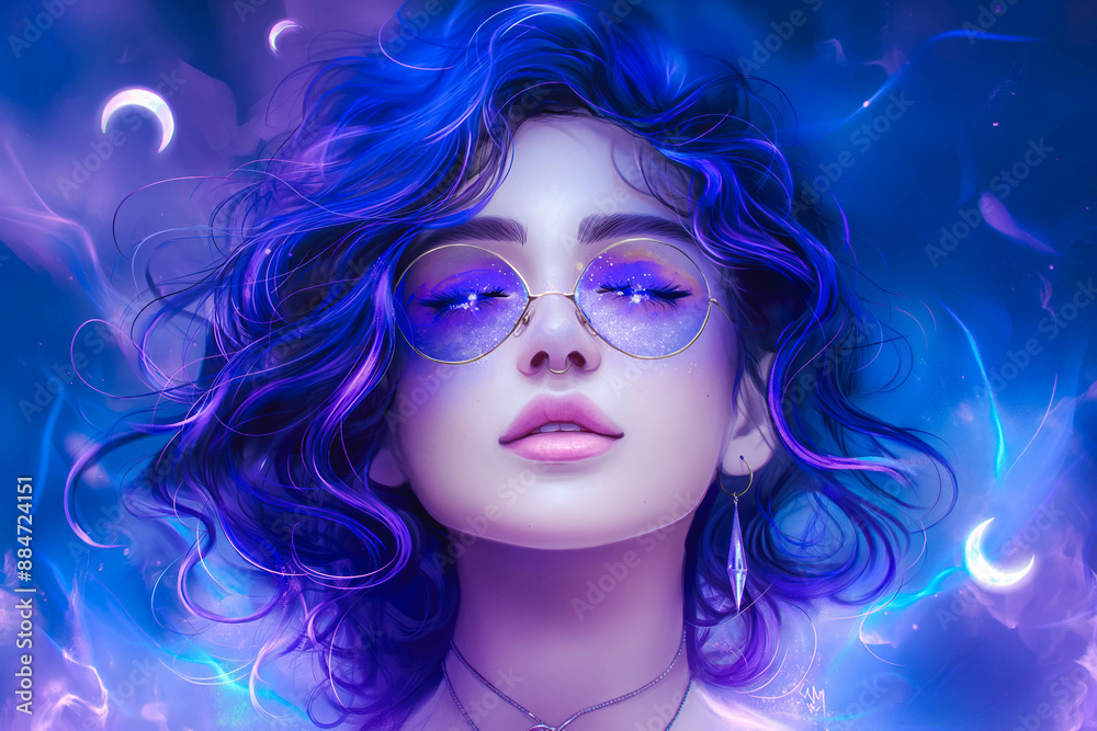 A non-binary entity with an iridescent form that shifts with the observer's mood. Hair of light strands, eyes sparkling with intelligence. Always adorned with purple glasses and moon pendant A non-binary entity with an iridescent form that shifts with the observer's mood. Hair of light strands, eyes sparkling with intelligence. Always adorned with purple glasses and moon pendant