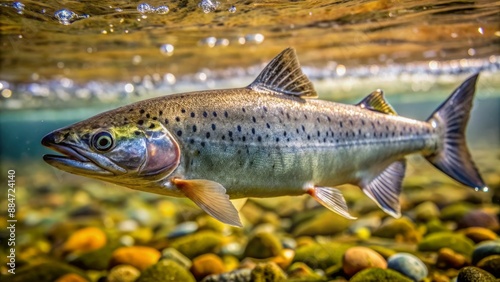 Close-up of a small young Chinook salmon smolt swimming vigorously against the strong river current with shimmering water background.
