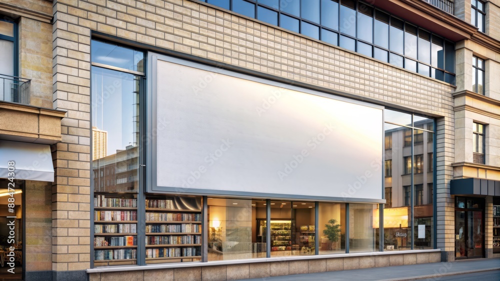 Large empty white rectangular billboard sign mounted on bookstore facade awaiting custom advertising design or promotional message display. Large empty white rectangular billboard sign mounted on bookstore facade awaiting custom advertising design or promotional message display.