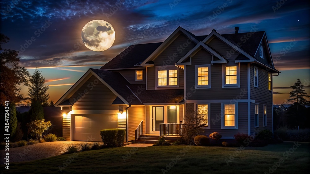Dark silhouette of a suburban house at night with illuminated windows and a bright moon casting a warm glow. Dark silhouette of a suburban house at night with illuminated windows and a bright moon casting a warm glow.