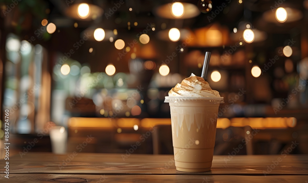 Plastic takeaway cup with frappuccino on cafe table, Generative AI Plastic takeaway cup with frappuccino on cafe table, Generative AI