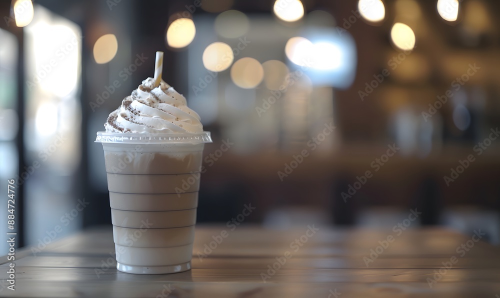 Plastic takeaway cup with frappuccino on cafe table, Generative AI Plastic takeaway cup with frappuccino on cafe table, Generative AI