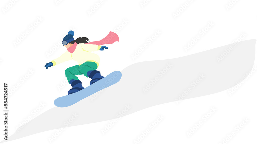 冬の雪山でスノボーする女性のイラスト 冬の雪山でスノボーする女性のイラスト