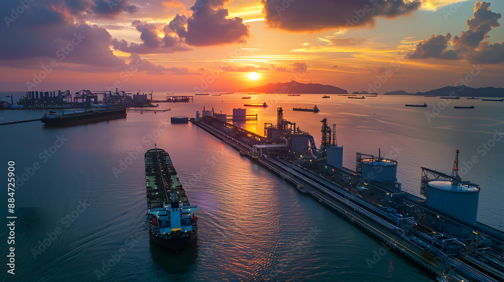 Fototapeta premium Aerial view of a bustling port during a vibrant sunset