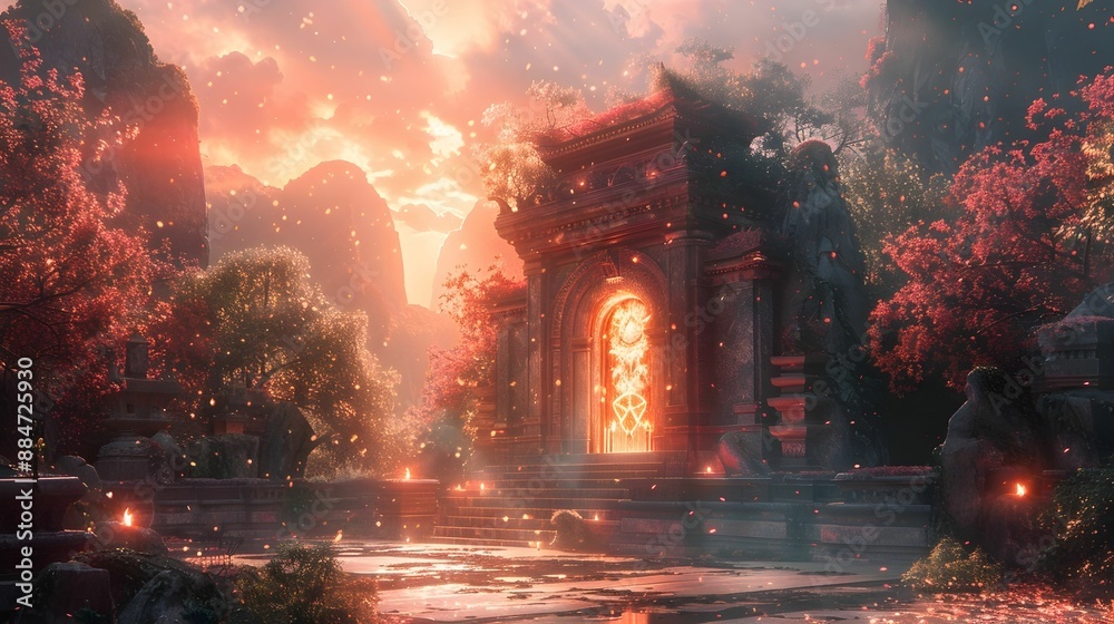 Fototapeta premium A dark and eerie scene with a large stone structure in the center. The structure is surrounded by smaller stone buildings and has a glowing orb in the middle. Scene is mysterious and ominous