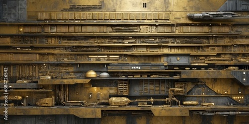 Fototapeta Naklejka Na Ścianę i Meble -  Detailed futuristic spaceship exterior with gold and black textures