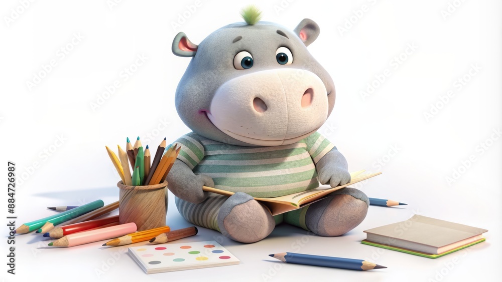 Adorable cartoon hippo character sitting on floor with pencils and sketchbook on clean white background, surrounded by scattered papers. Adorable cartoon hippo character sitting on floor with pencils and sketchbook on clean white background, surrounded by scattered papers.