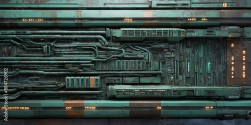 Fototapeta Naklejka Na Ścianę i Meble -  Industrial wall with pipes and panels in green and brown