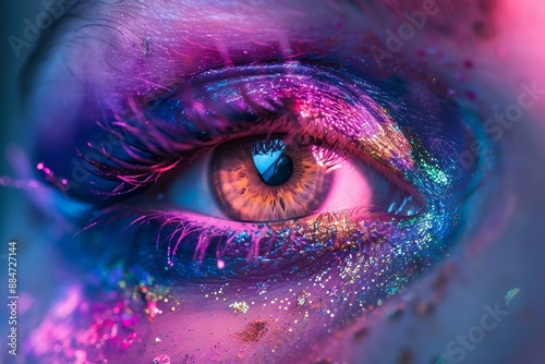 Macro image showcasing a stunning eye with creative and vivid makeup artistry