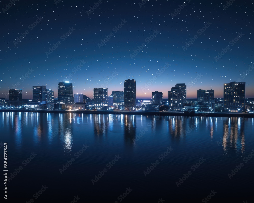 Naklejka premium Captivating Nighttime Cityscape with Reflective Waters and Skyscrapers against a Starry Sky - Ideal for Modern Urban Photography Enthusiasts
