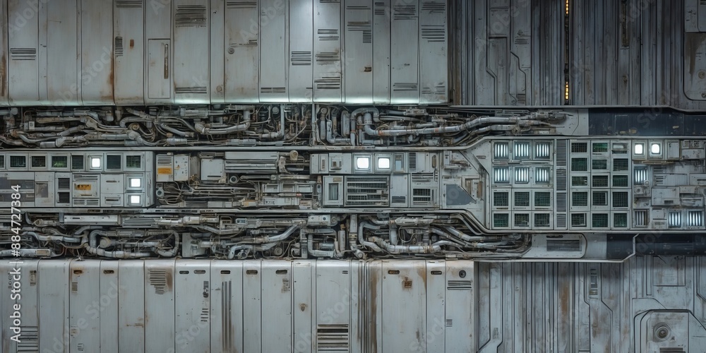 Industrial metal panels with complex wiring and pipework Stock ...