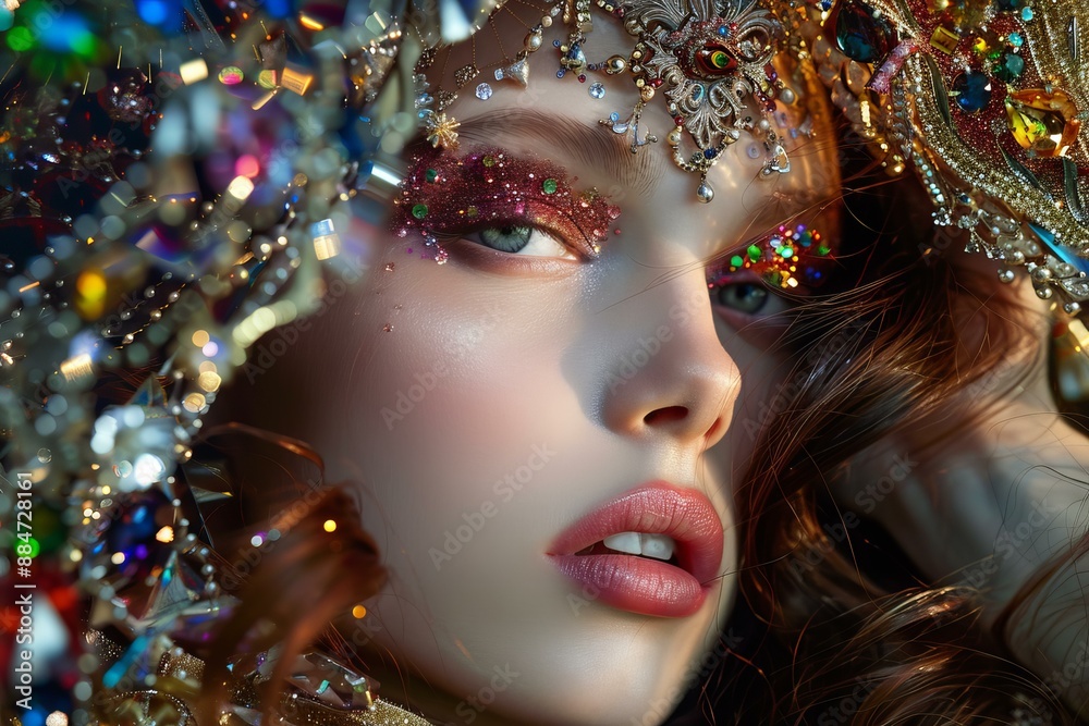 Captivating closeup of a model with glittering makeup and an ornate headpiece Captivating closeup of a model with glittering makeup and an ornate headpiece