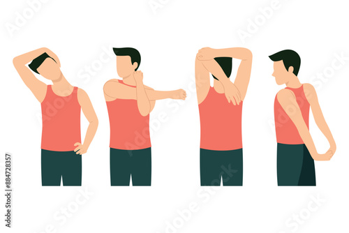 Man stretching posture for aches treatment at shoulder, arm, neck and back flat vector illustration