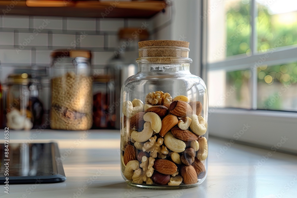 Jar of Mixed Nuts on Countertop with Copy Space Jar of Mixed Nuts on Countertop with Copy Space