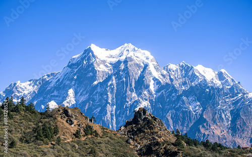 Landscape view of Snow mountain range in Gorkha, Nepal. photo