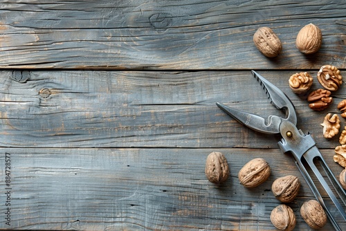 Nutcracker and Nuts on Rustic Wooden Table