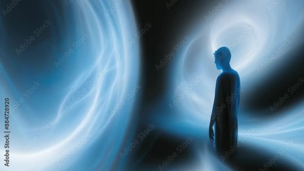 A silhouette of a man stands near a glowing, swirling energy vortex. The scene exudes a mystical and ethereal atmosphere, suggesting a journey or transformation in a fantasy-like night setting.