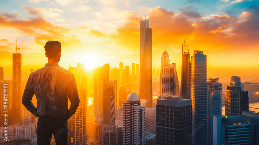 Arab man standing in front of modern high-rise city at sunset, wide banner with copy space