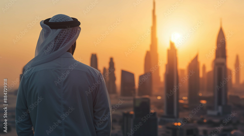 Arab man standing in front of modern high-rise city at sunset, wide banner with copy space Arab man standing in front of modern high-rise city at sunset, wide banner with copy space