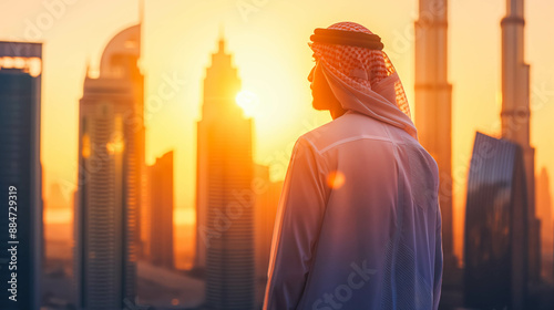 Arab man standing in front of modern high-rise city at sunset, wide banner with copy space