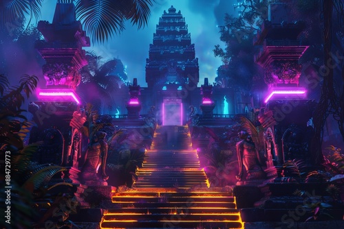 Fototapeta Naklejka Na Ścianę i Meble -  Captivating image of an ancient temple enhanced with vibrant neon lights, creating a surreal nocturnal scene