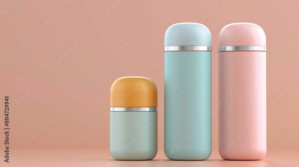 Tea thermos, flat design, front view, cozy relaxation theme, 3D render, Triadic Color Scheme