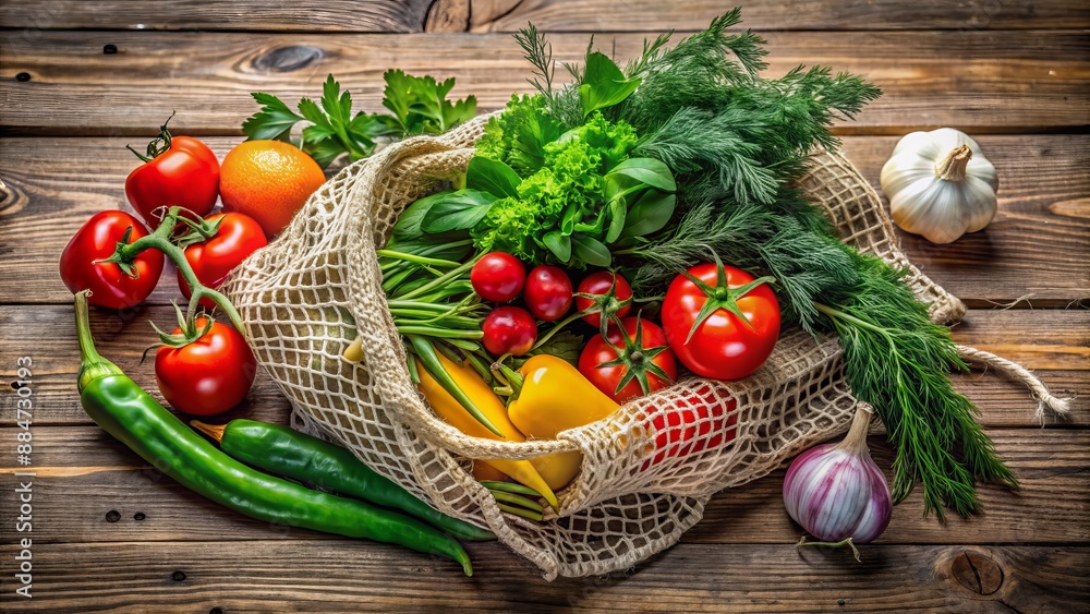 Freshly harvested vegetables and fragrant herbs overflow from a natural mesh bag, set against a rustic wooden background. Freshly harvested vegetables and fragrant herbs overflow from a natural mesh bag, set against a rustic wooden background.