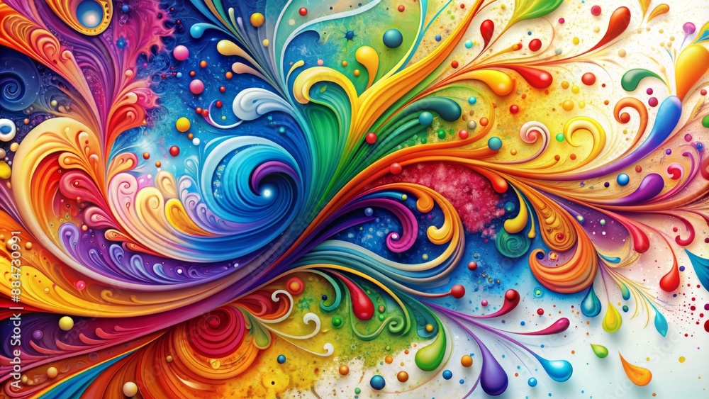 Vibrant colorful paint splatter pattern with dynamic messy swirls and intricate textures on a abstract white background surface element. Vibrant colorful paint splatter pattern with dynamic messy swirls and intricate textures on a abstract white background surface element.