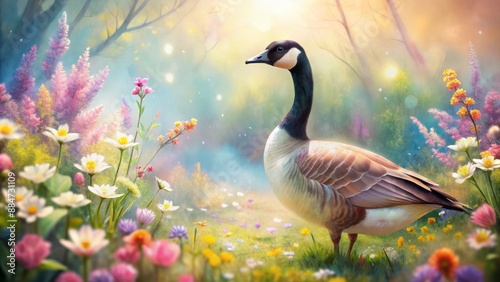 Delicate watercolor illustration featuring a serene goose amidst vibrant spring flowers in soft, dreamy pastel hues and lush greenery background.