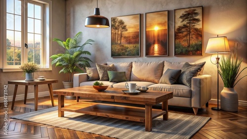 Warm sunlight illuminates a rustic wooden coffee table where a beautifully framed poster leans, adding cozy charm to the inviting living room.