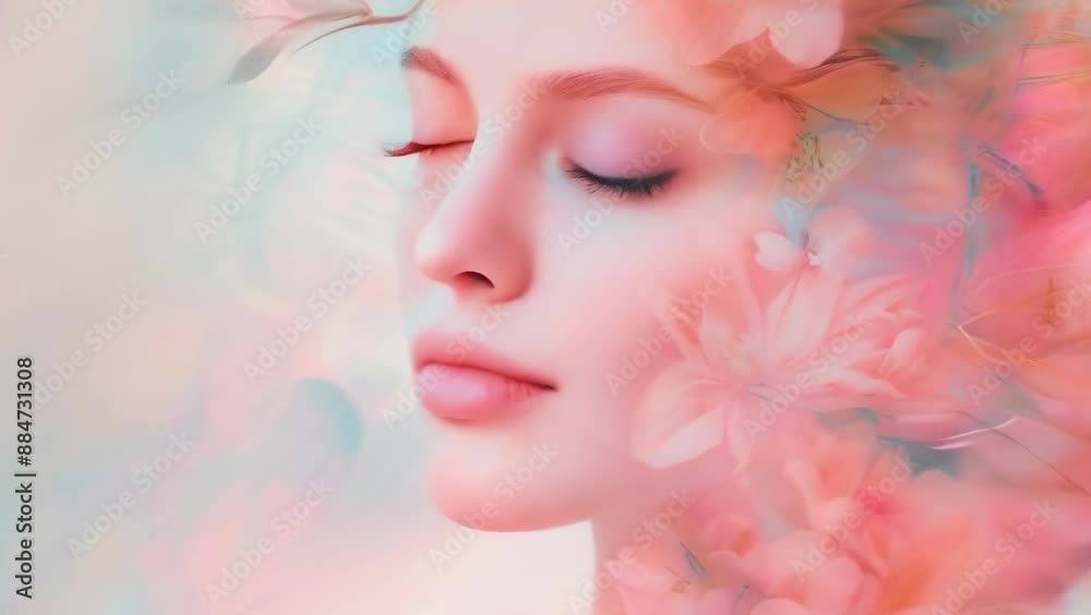 A serene young woman of indeterminate ethnicity and nationality with her eyes closed, surrounded by vibrant flowers and foliage, creates a peaceful and dreamy atmosphere. The soft pastel colors add A serene young woman of indeterminate ethnicity and nationality with her eyes closed, surrounded by vibrant flowers and foliage, creates a peaceful and dreamy atmosphere. The soft pastel colors add