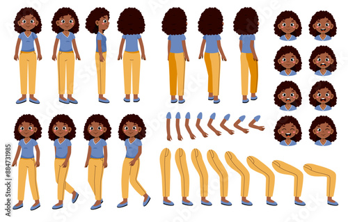 African girl constructor set. Adult in different poses and angle of views. Pack of legs, arms and heads to create animation. Cute girl in casual clothes standing. Flat vector collection