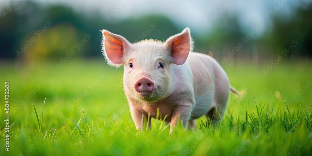 Small cute pig happily grazing on lush green farmland grass, pig, farmland, grass, cute, small, livestock, farm animal Small cute pig happily grazing on lush green farmland grass, pig, farmland, grass, cute, small, livestock, farm animal