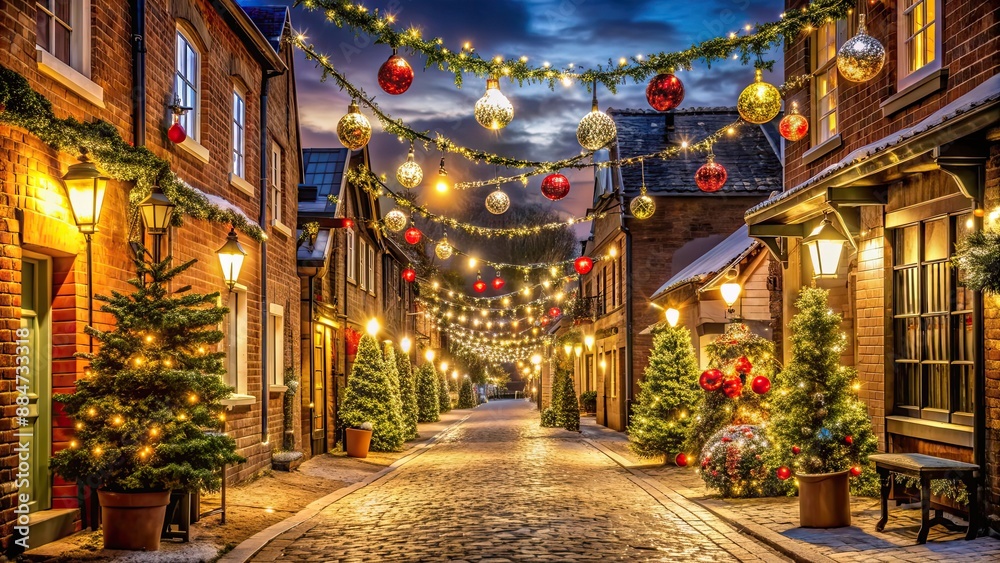 Fototapeta premium Beautifully decorated Christmas street with festive lights and ornaments, Christmas, street, holiday, decorations