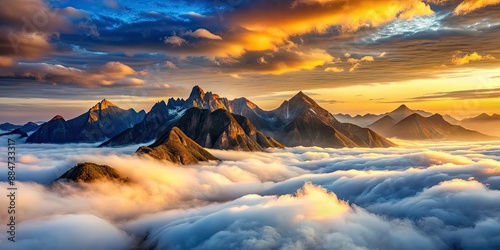 Majestic mountains surrounded by clouds and mist, majestic, mountains, clouds, mist, fog, mystical, atmospheric, surreal