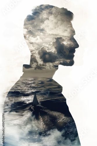 Tranquil Sailor: Double Exposure of Ocean Serenity and Adventure