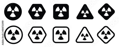 Set of radiation hazard vector icons. Radioactive irradiation warning signs