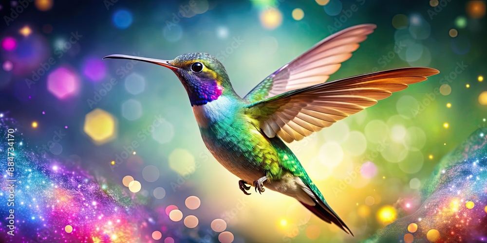 Obraz premium Whimsical hummingbird with magical powers bringing life and color to the world, hummingbird, magical, whimsical, colorful