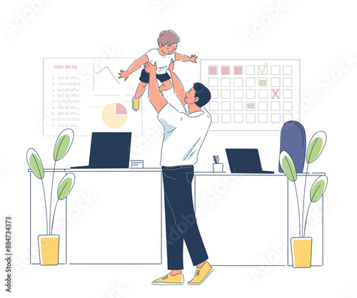 Bringing kid in office. Man holds his son in his arms. Manager at workplace with boy. Work and personal life. Parenthood and childhood. Linear vector illustration isolated on white background