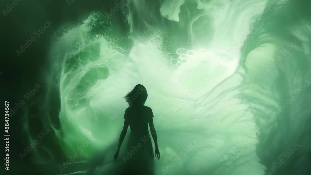 A young woman stands in awe, gazing at a mystical green vortex of smoke. The scene is set at night, creating an eerie yet captivating atmosphere. Her silhouette contrasts with the swirling, ethereal A young woman stands in awe, gazing at a mystical green vortex of smoke. The scene is set at night, creating an eerie yet captivating atmosphere. Her silhouette contrasts with the swirling, ethereal