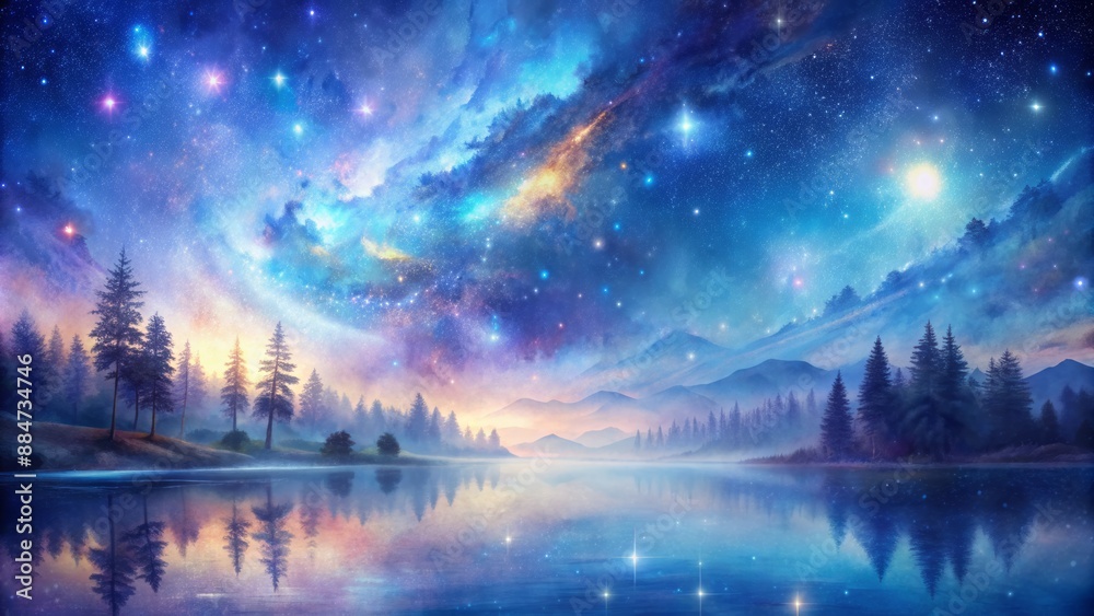 Fototapeta premium Celestial mist swirls around luminous stars in a dreamy watercolor landscape of shimmering blues and purples, devoid of human presence.