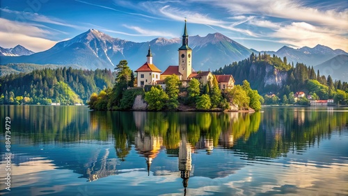 A beautiful landscape of Lake Bled in Slovenia with the iconic church on an island, Slovenia, Lake Bled, church, island