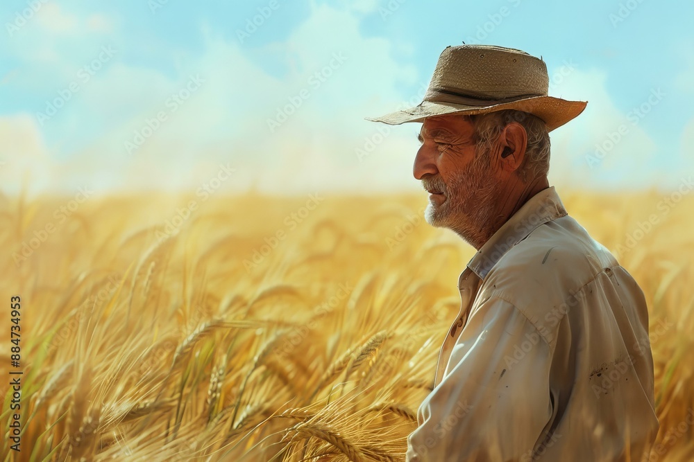 Contemplative elderly farmer stands amidst a ripe wheat field, reflecting on the harvest Contemplative elderly farmer stands amidst a ripe wheat field, reflecting on the harvest