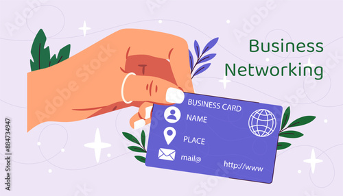Business networking card. Hand with card with personal information. Branding and logotype. Promotion of website. Entrepreneur or businessperson. Flat vector illustration isolated on violet background