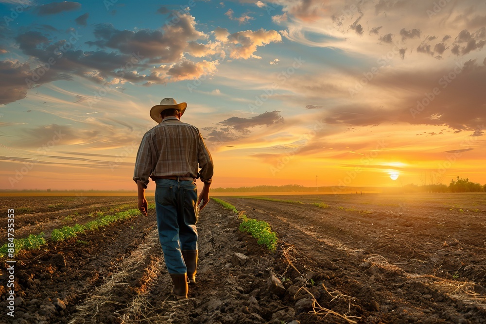 Fototapeta premium Back view of a farmer strolling between crop rows during a vibrant sunset