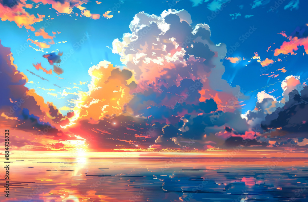 Naklejka premium sunrise or sunset on sea style anime