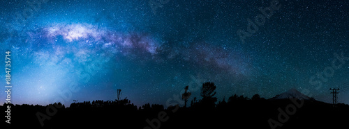 Wide panorama of the night sky showing the Milky Way and the Galactic Centre. In the foreground are various trees in silhouette and, at left, Mount Taranaki (Egmont).